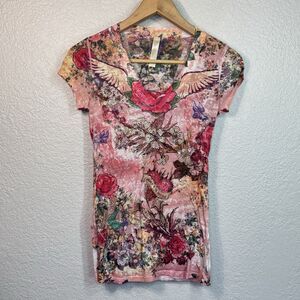 S Twelve Top Women S Pink Rhinestone Floral Fitted Tee Tattoo Y2K USA Made VTG